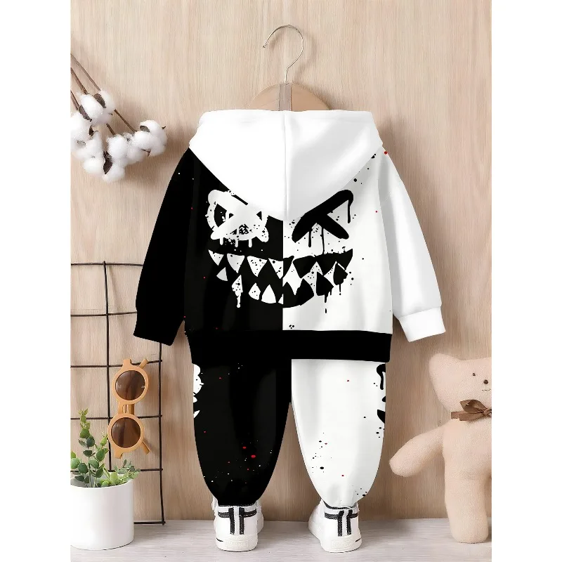 Little Boys 2 Piece Hoodie Jogger Tracksuit, Split Black White Smiley Face, Purple Skeleton Print, Dad & Me Handshake Outfit