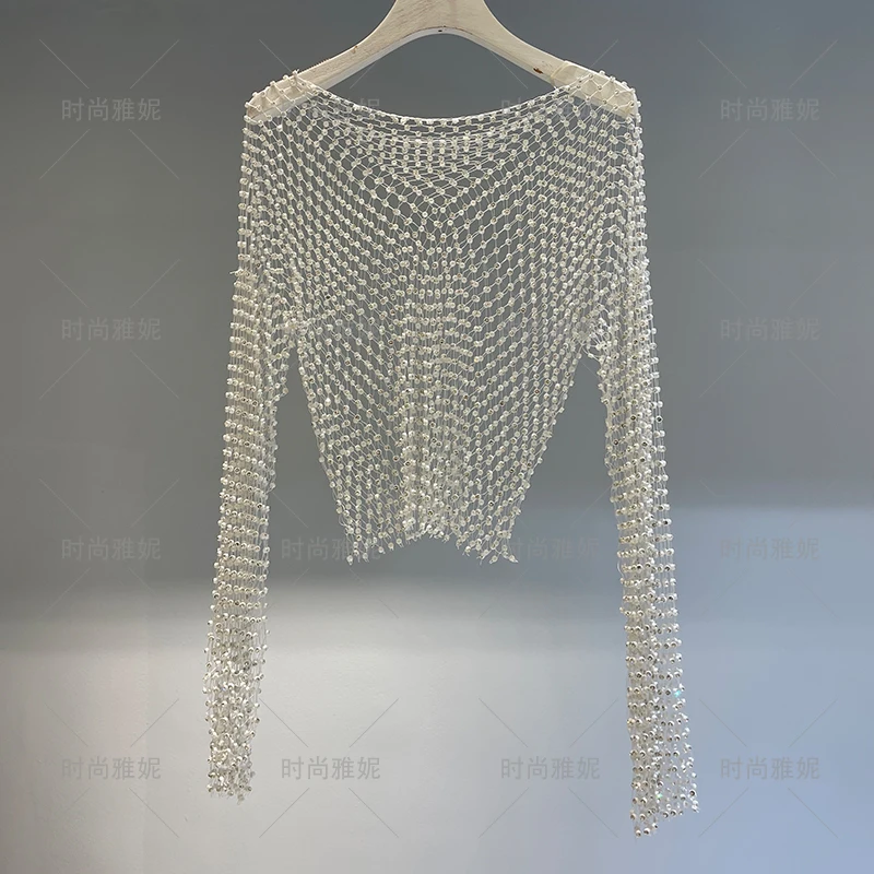 Summer Fashion Grid Mesh Fabric T Shirt Women Glitter Diamond Round Neck Long-sleeved Bottoming Female Club Style Slim Tops