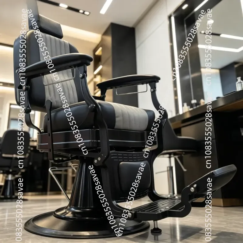 Black and Gray Striped Barber Chair, Hydraulic Reclining Rotating Salon Chair, Professional Barber Shop Heavy-duty Beauty