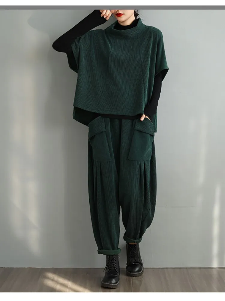 Autumn Oversized 2 Two Piece Set Women Fashion Irregular Ladies Cropped Blouses Loose Pleated Elastic Waist Woman Harem Pants