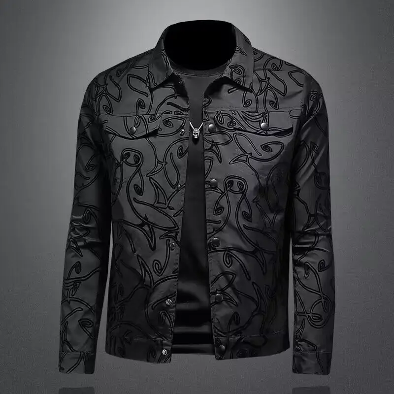 Luxury Flocking Bomber Jacket Mens 2024 Autumn Business Vintage Casual Slim Jacket Lapel Single Breasted Jacquard Coats Jacket