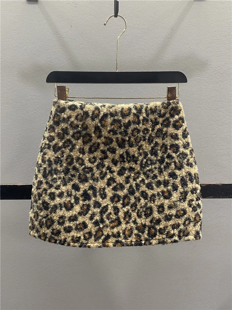 American Style Half-length A-line Skirt with Lamb Fur And Leopard Print for Slimming Effect Casual Zipper Design Women's Fashion