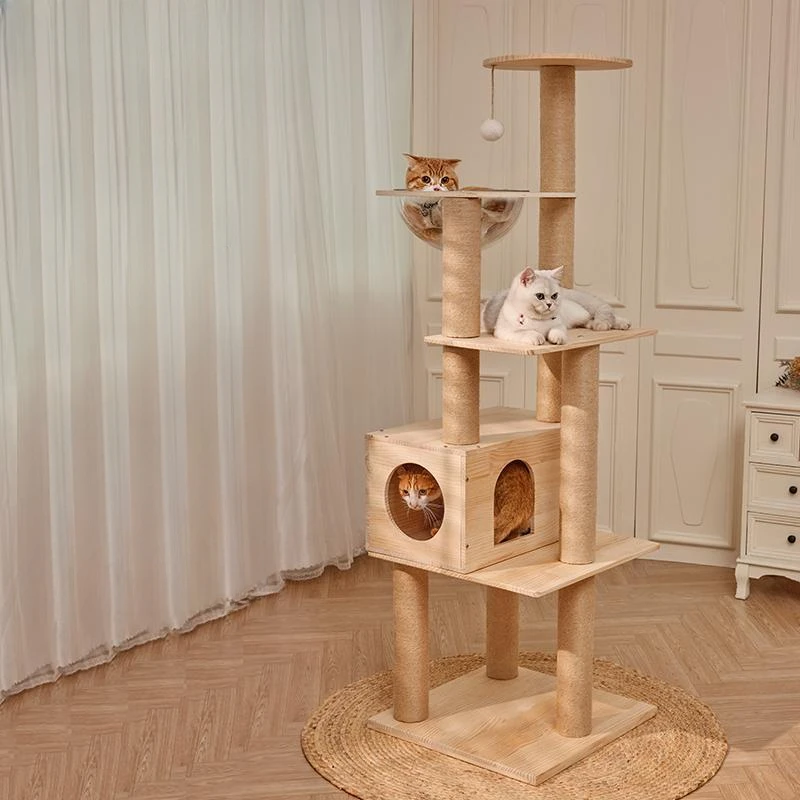 Solid Wood Column Multi-layer Cat Climbing Frame, Multifunctional Pet Big Cat Villa Multi-Story Cat Tree House Climbing Toys