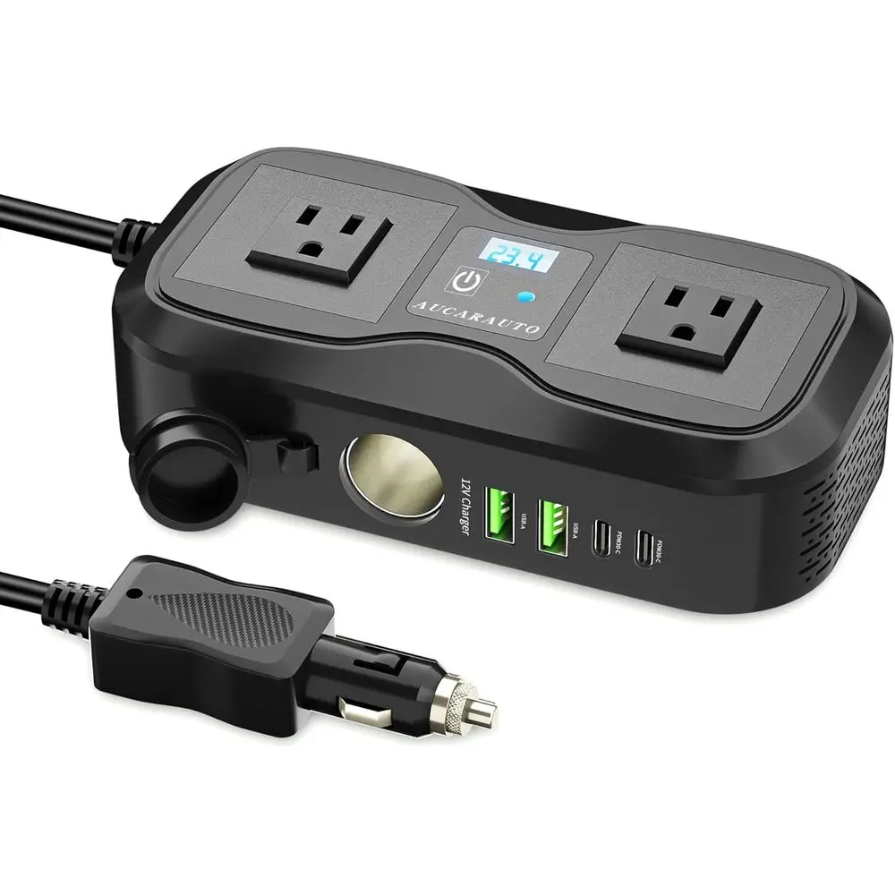 

Инвертор автомобильный 200 Вт, DC 12В в AC 110В, с LED-индикатором напряжения, 4 порта зарядки PD/QC3.0, 2 автомобильных розетки и адаптер для прикуривателя USB-C