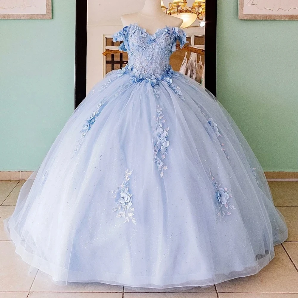 Sky Blue Tulle Strapless Pompadour Sweetheart Collar Applique Sequin Lace-Up Bridal Gowns