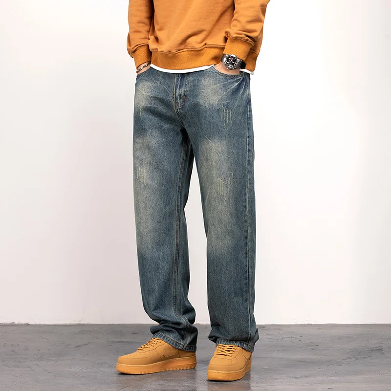 men's pure cotton wide-leg jeans Men's unstretched blue wide-leg jeans Loose straight autumn and winter thick trousers for men