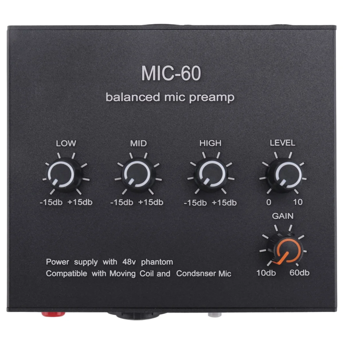 MIC-60 Ecualizador de 3 bandas Preamplificador de micrófono equilibrado Preamplificador de micrófono con cable CC y cable de 3,5 mm