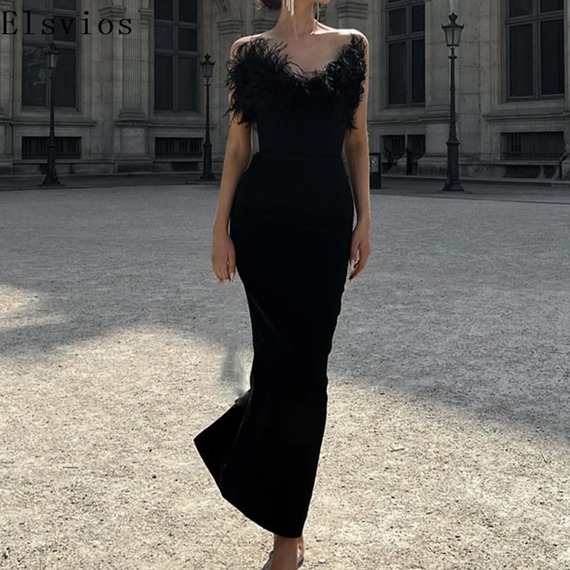 French Cocktail Patchwork Feather Dress Elegant Chest Low Banquet Furry Long Dress Spring 2025 Women Solid Waisted Slim Dress