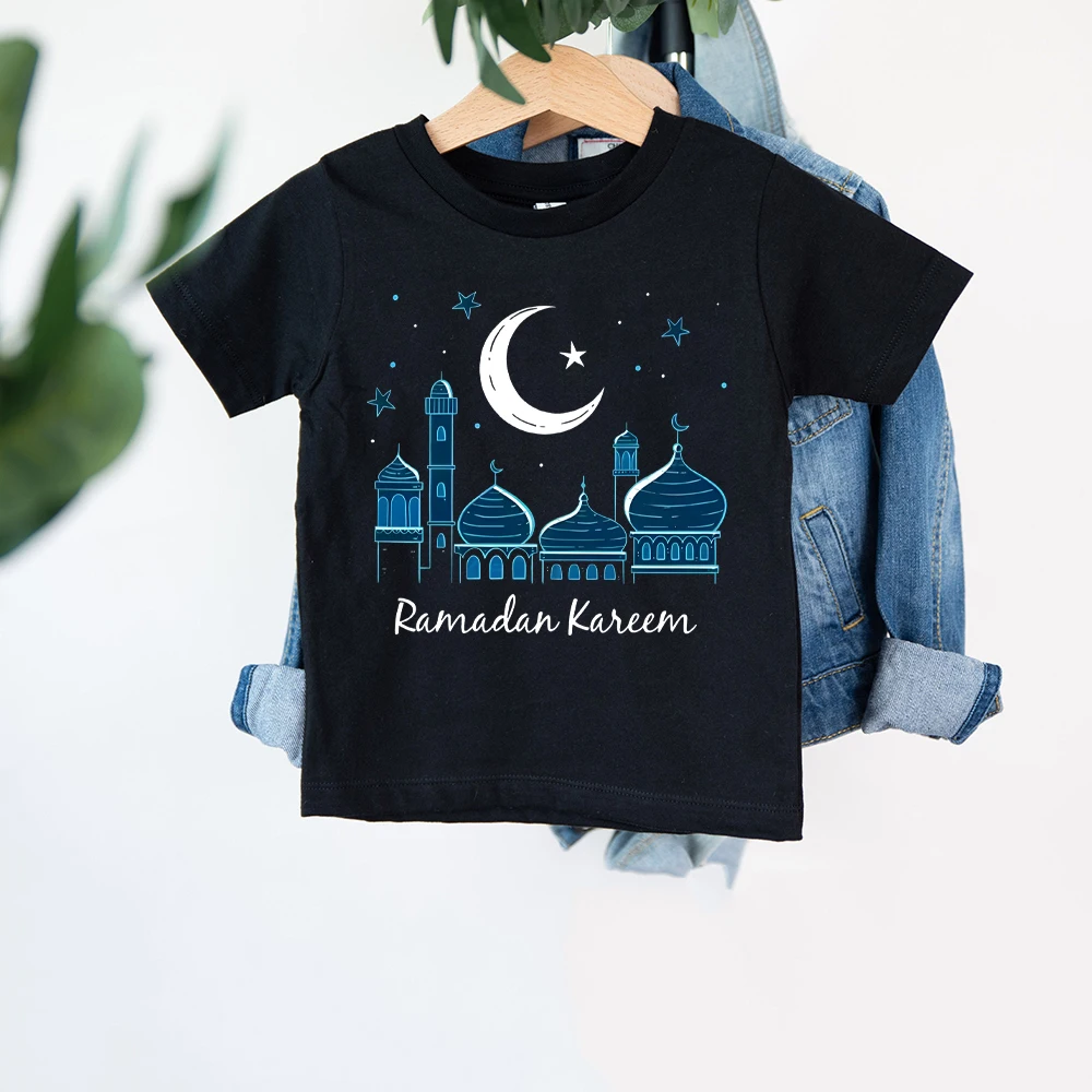 Casual Comfort Girls Boys T-shirt Ramadan&Moon Pattern Print Kid Tee Tops Summer&fall Child Clothes Ramadan Childs Best Gift