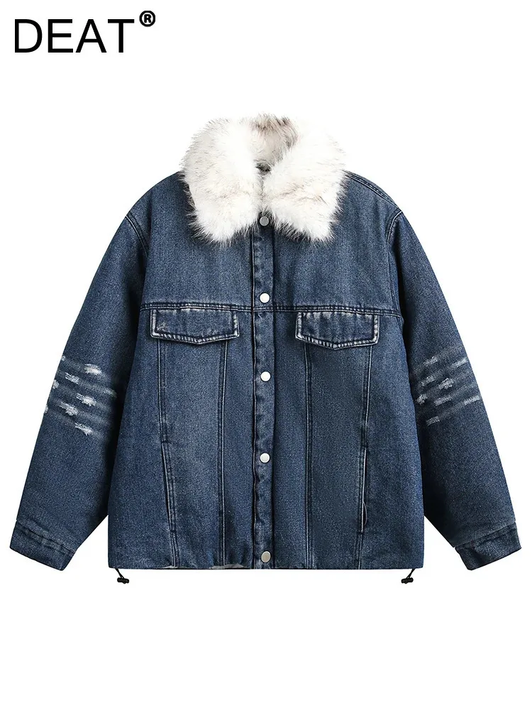 DEAT Fashion Women's Cotton-padded Coat Remove Fur Collar Loose Single Breasted Denim Quilted Jacket Winter 2024 New CPG2197