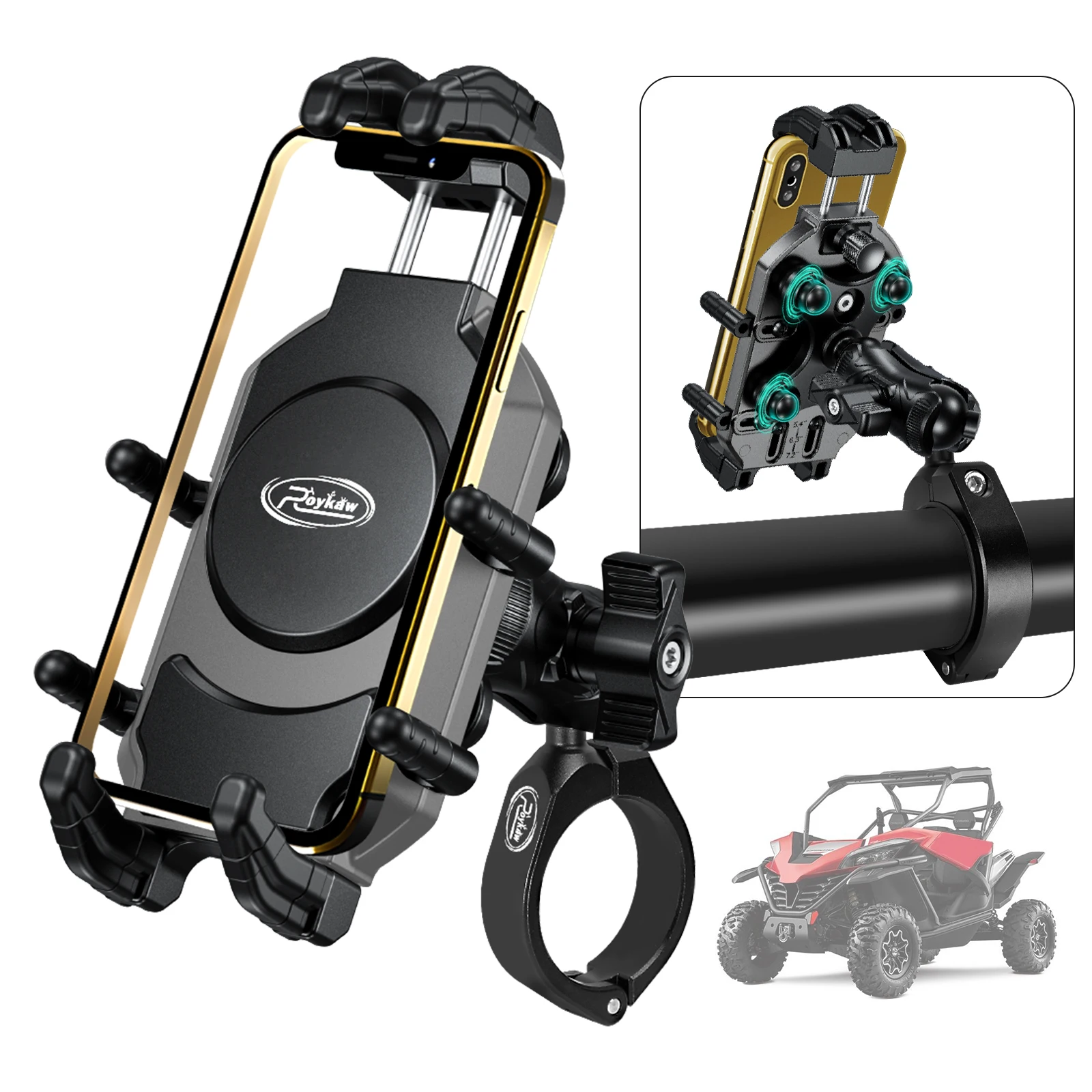 

Roykaw UTV/ATV/SXS Phone Holder Mount w/ Vibration Reduction, One Hand Use, for 1.5-2'' Round Frame & 5.4-7.2'' Phone