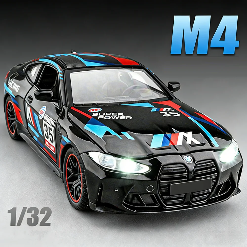 

1:32 M4 GTR M8 Miniature Model Diecast Alloy Toys Car Doors Opened Sound Light Pull Back Simulation Vehices Boy Fashion Ornament