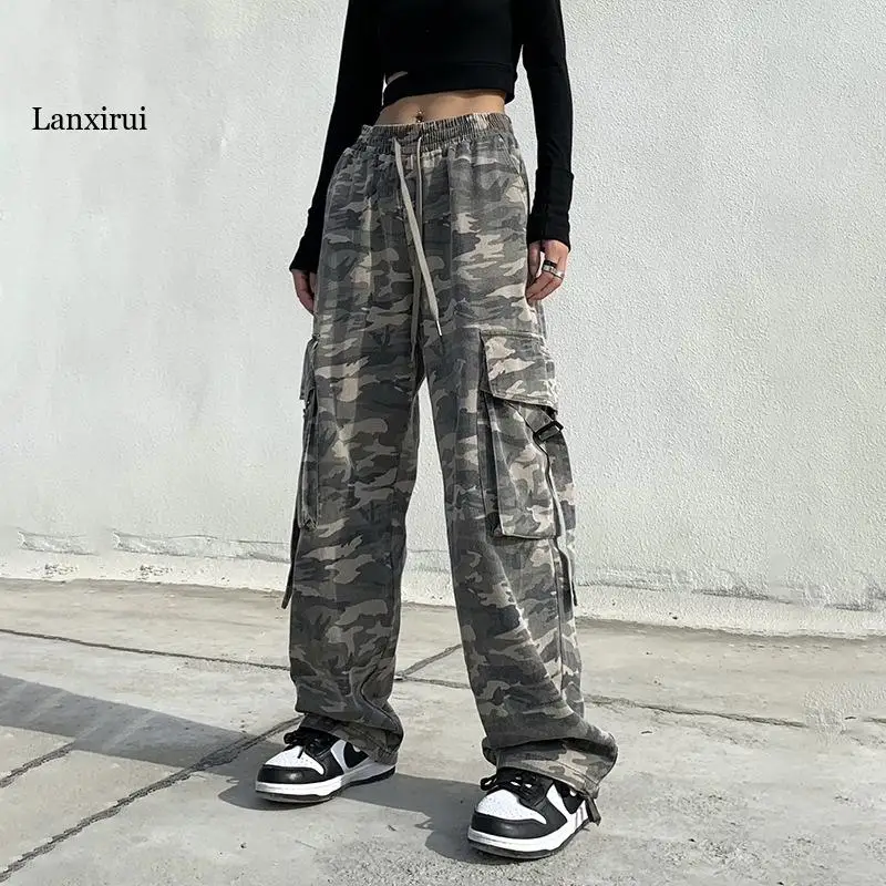 

Summer Women Cargo Pants Elastic High Waist Retro Camouflage Washed Long Pants Oversized Women Casual Streetwear