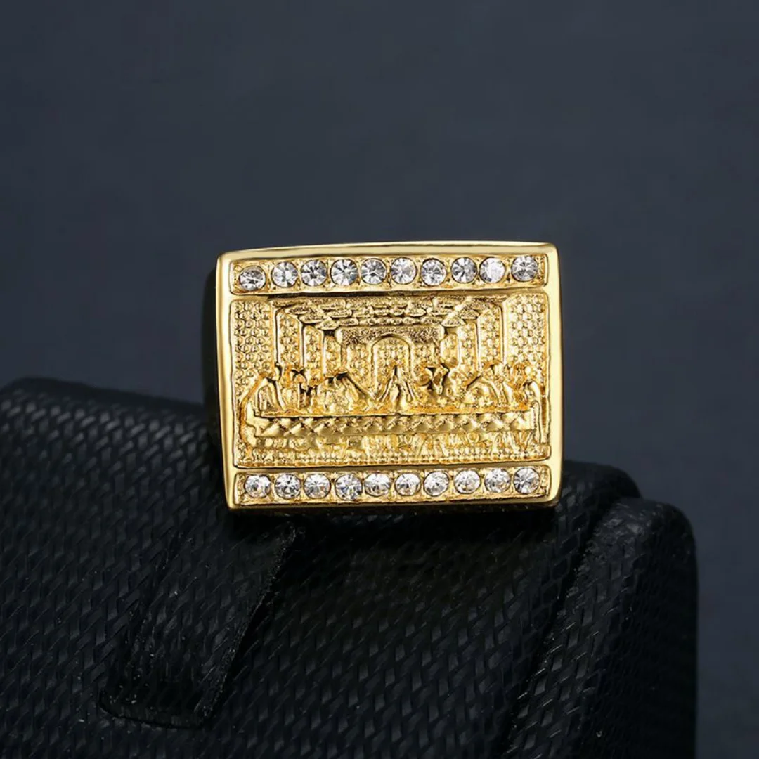 Religious Iced Out CZ The Last Supper Ring 17mm Large Gold Color Stainless Steel Square Christian Rings for Woman Man Jewelry