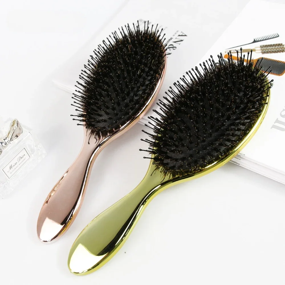 1PC Luxury Gold And Silver Color Oval Hair Brush Boar Bristle Paddle Hair Brush Anti Static Hair Comb Hairdressing Massage Comb