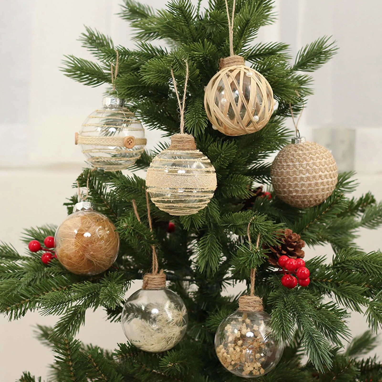 

6pcs Christmas Balls Transparent Pet Ball Pendant For Tree Branch Fireplace Exquisite Imitation Wooden Hemp Rope Xmas Balls