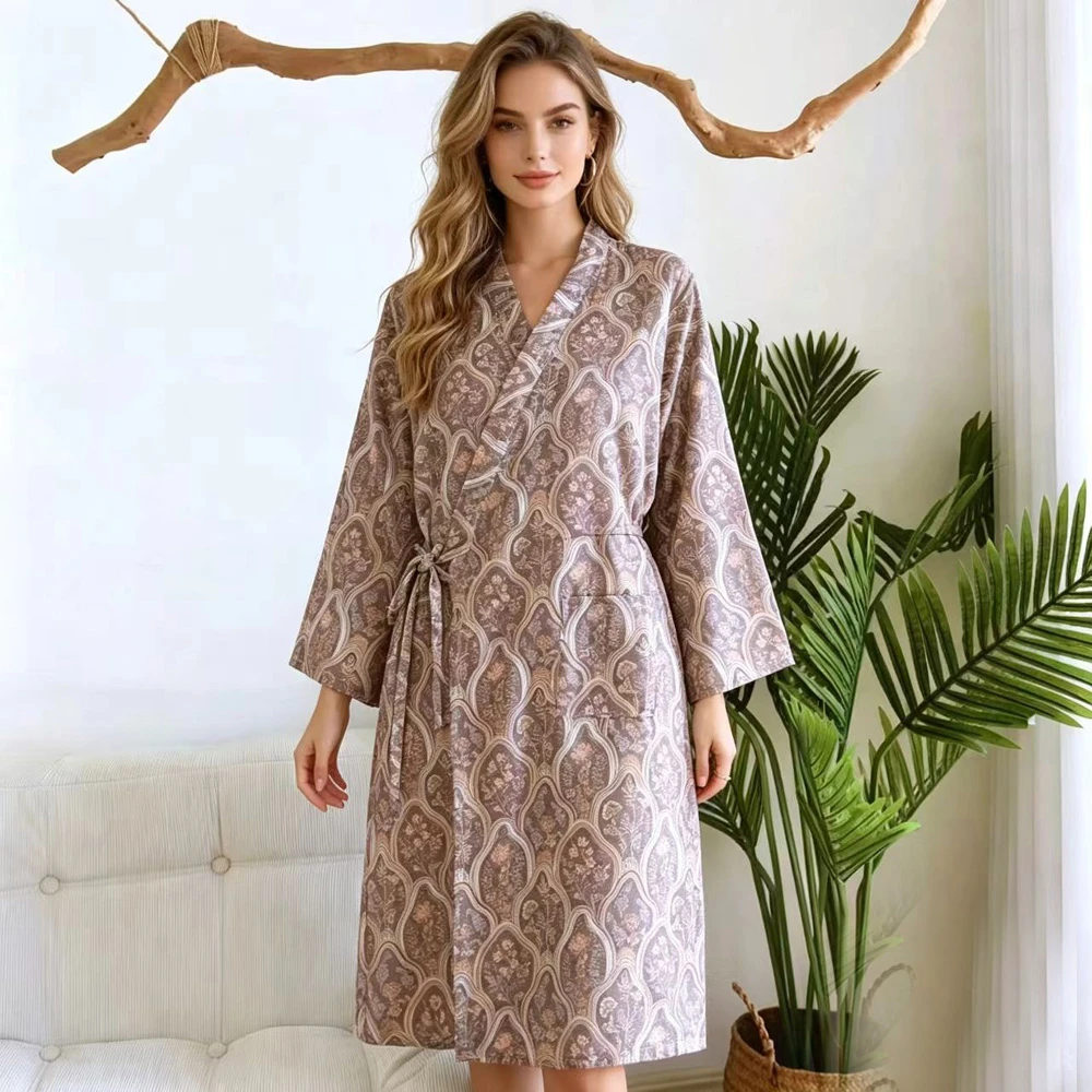 

Women Pure Cotton Gauze Robe Lightweight Breathable Kimono Style Vintage Floral Print V Neck Wrap Loungewear Bathrobe Spa Gown