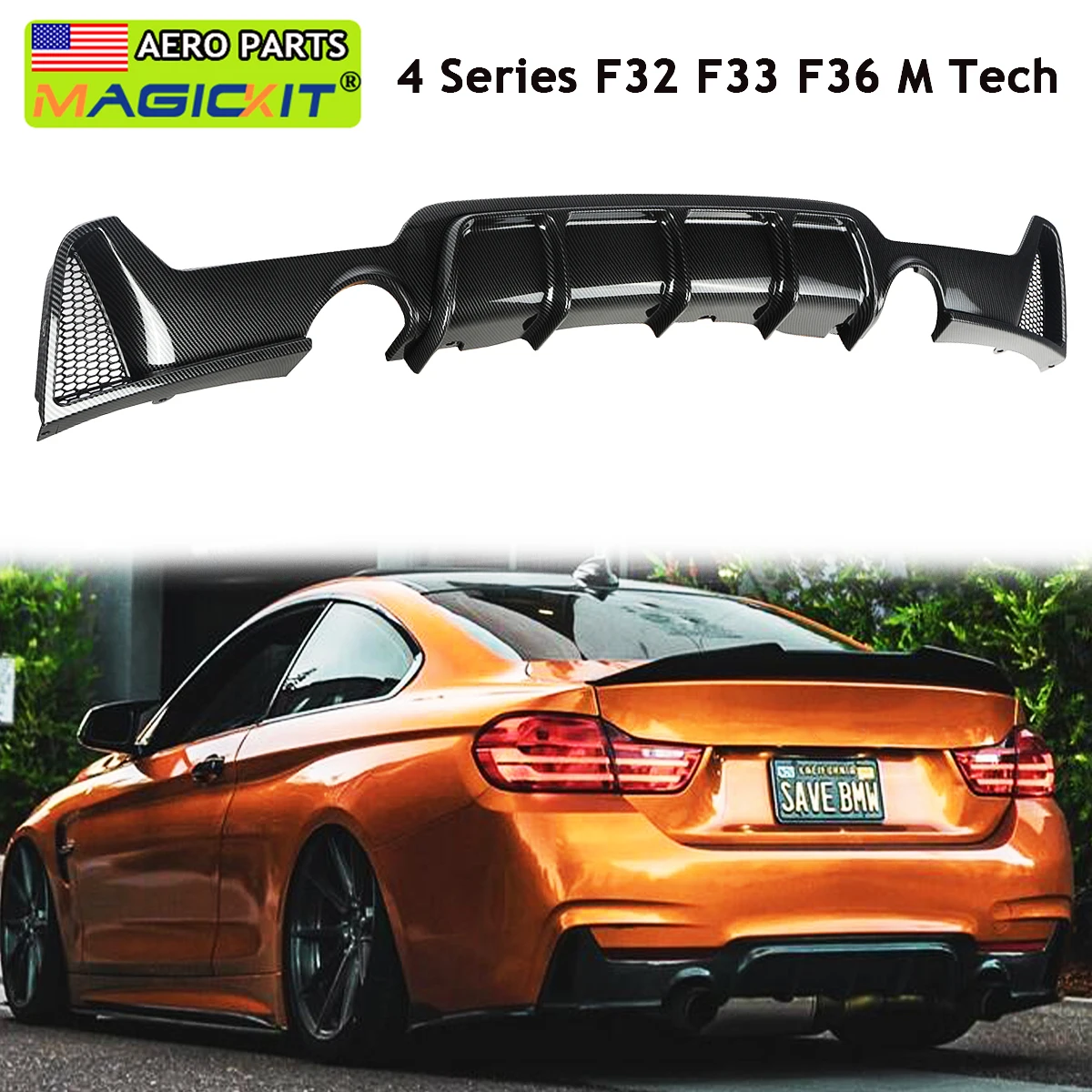 MagicKit Rear Bumper Diffuser For 14-20 BMW F32 F33 F36 4-Series 435i M Sport Carbon Look