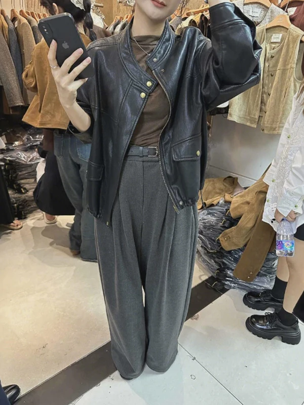 Jaqueta Feminina de Couro Coreana com Gola Alta, Estilo Motociclista, Nova Coleção Primavera, Solta com Cordão, Sensação de Luxo