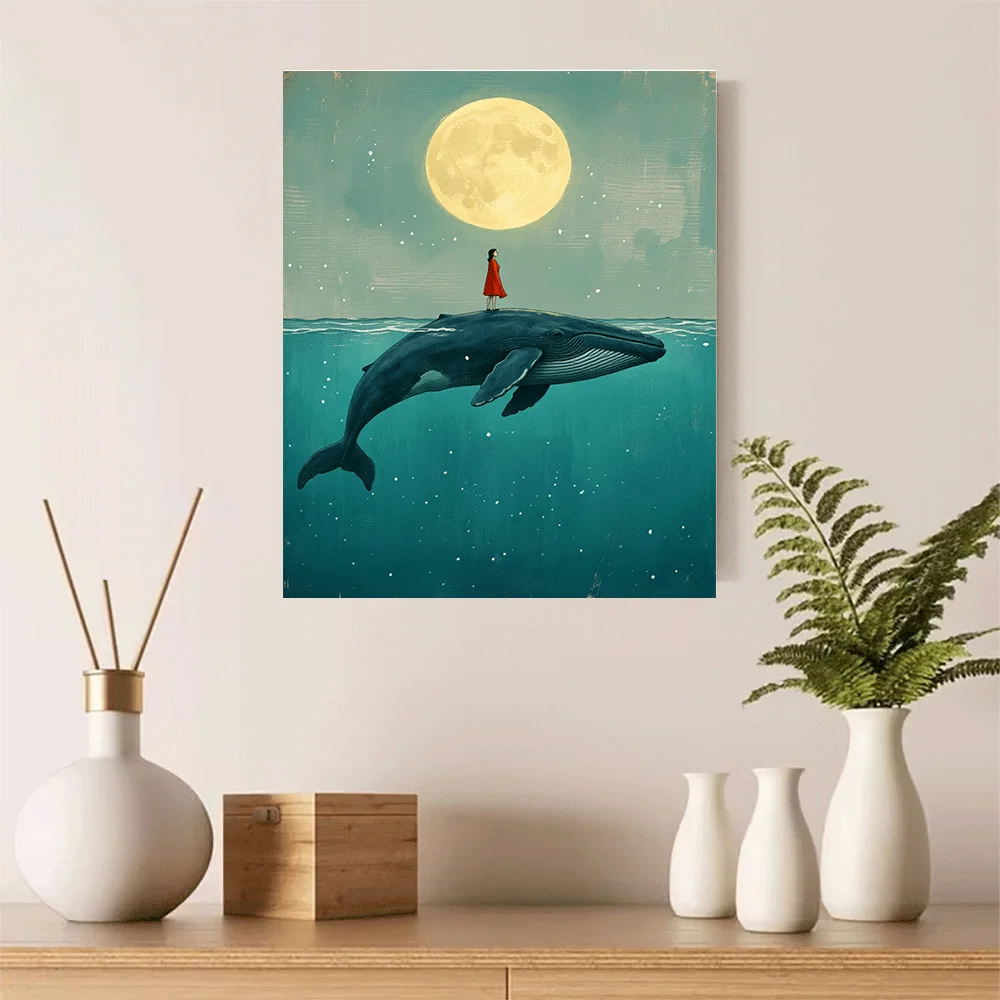 Affiche en toile non encadrée, décoration murale, baleine, femme, lune, nuit, océan, impression artistique, 1 pièce