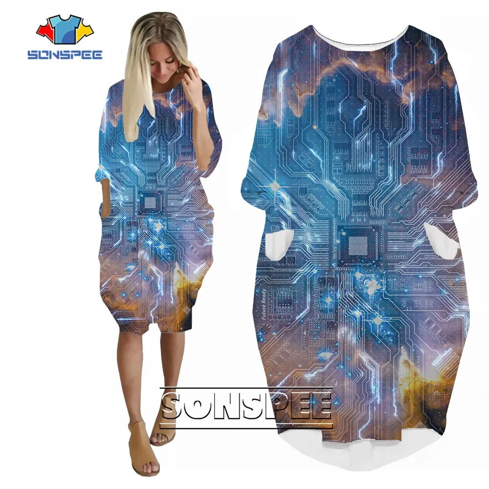 

SONSPEE CPU Processor Pattern 3D Printed Women's Long Sleeve Pocket Skirts Loose Circuit Board Diagram Dress Harajuku Gown