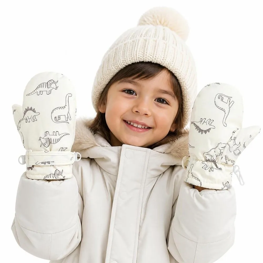 Waterproof Kids Skiing Snow Gloves Windproof Warm Cartoon Dinosaur Print Mittens Non-slip Thickened Fleece Winter Gloves Outdoor