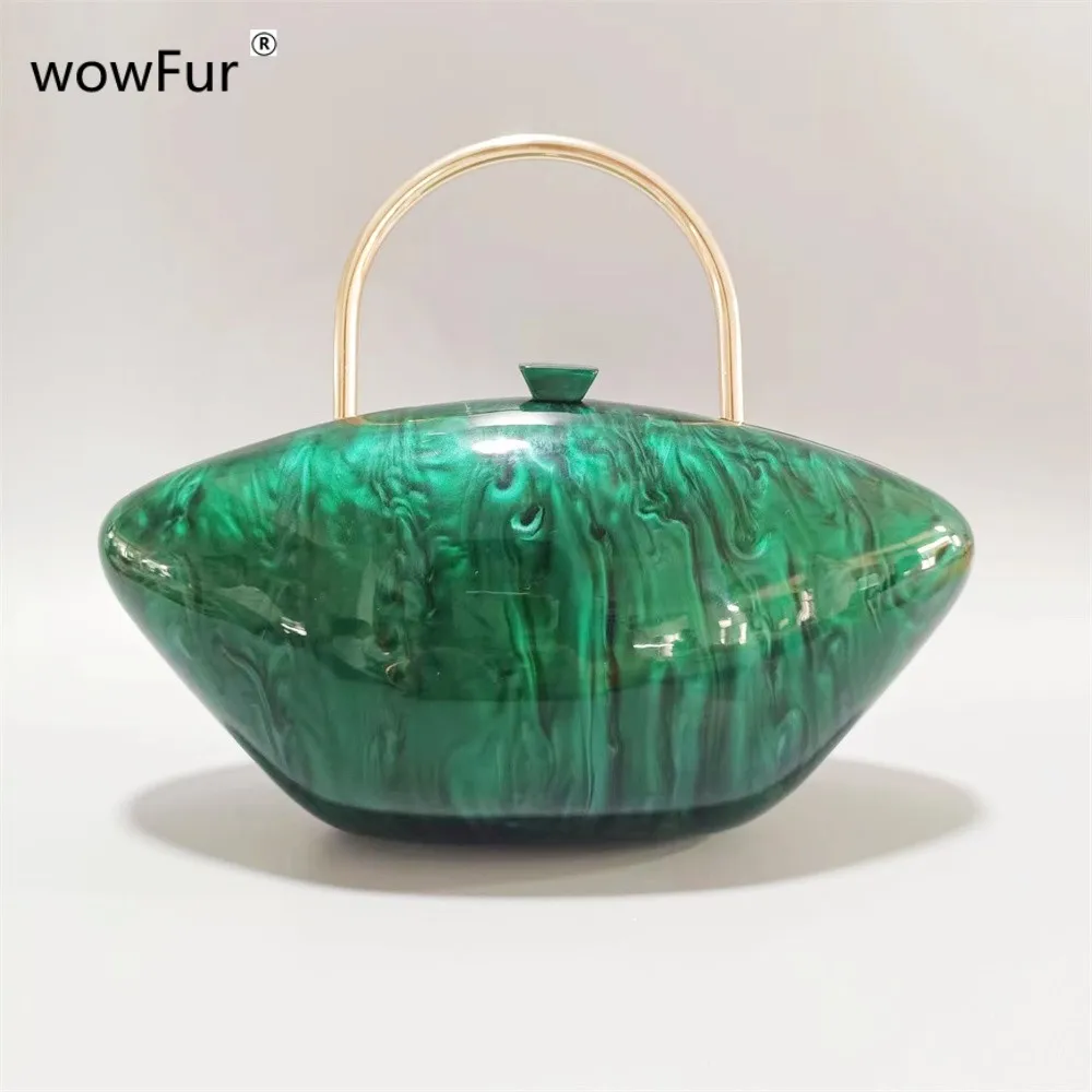 

Metal Gold Handle On Top Green Acrylic Box Clutches Evening Bag Women New Designer Wedding Bride Gift Girl Lady Hobos Purse
