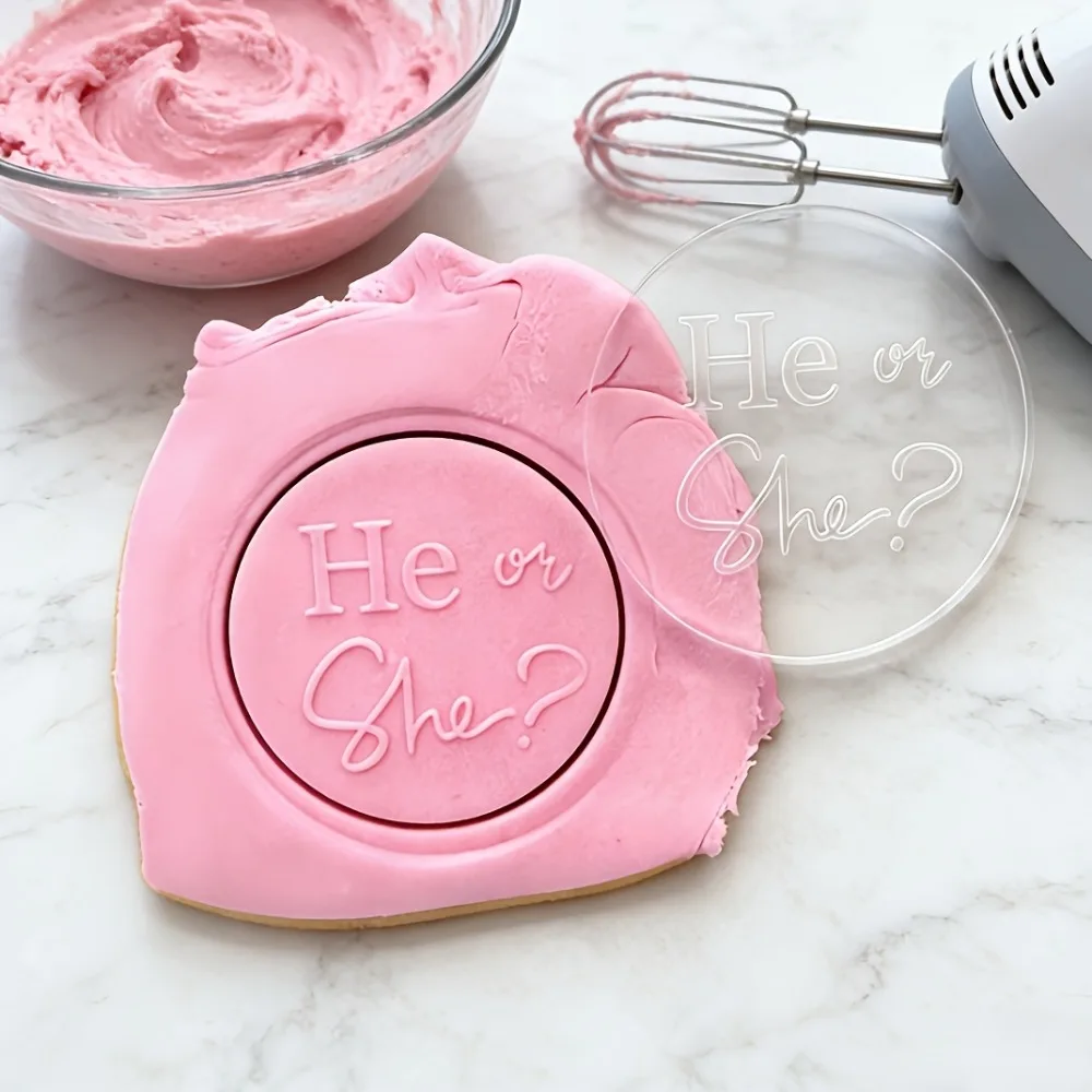2026 Hot Sale He or She? Acrylic Embosser Stamp - Gender Reveal Baking Tool for Fondant Cookies  Cupcake Toppers