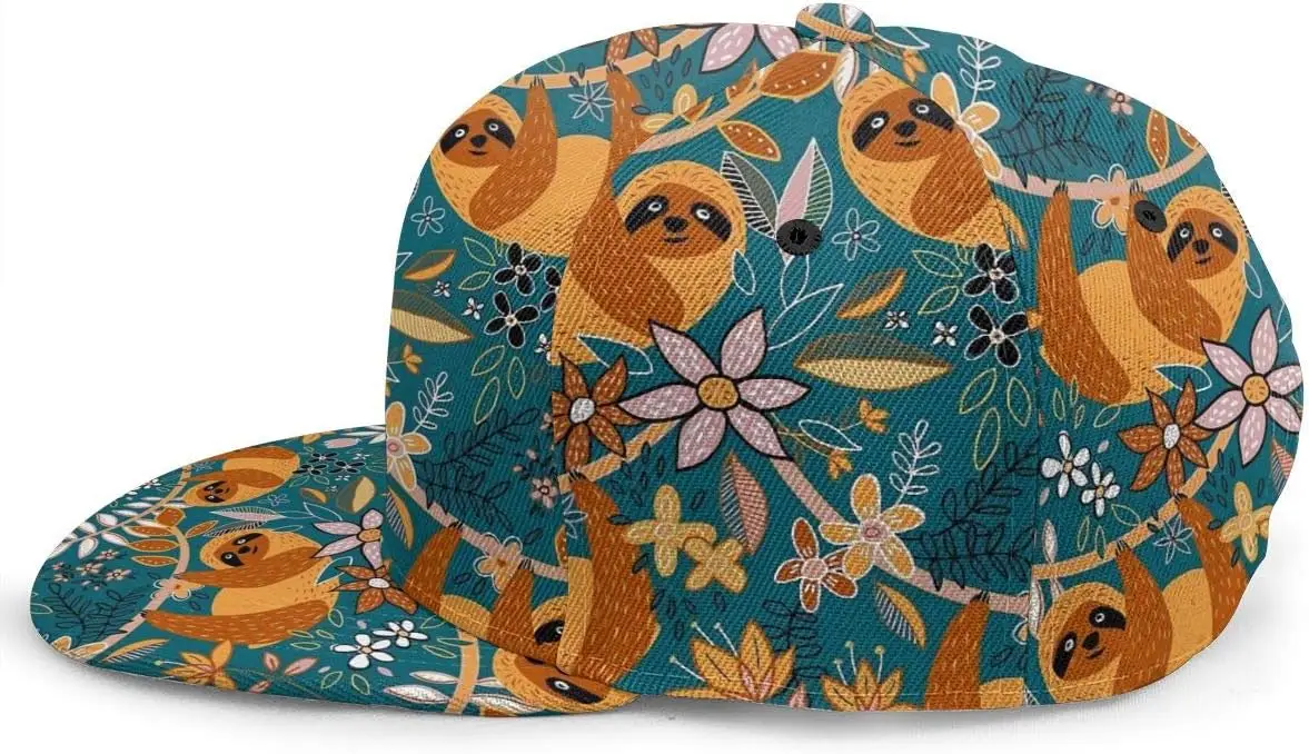 Happy Boho Sloth Floral Flat Bill Snapback Hat - Hip Hop Baseball Cap