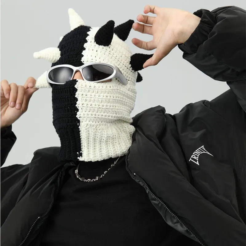 

Winter Beanie Warm Knit Hat with Devil Horns Pranky Halloween Ski Masks Novelty Horns Knitted Hats Full Face Mask Wool Hat