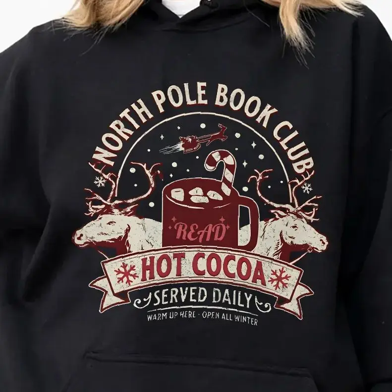 

Sweatshirt Long Sleeves Stylish Pullover Y2K Graphic Hoodies Crew Neck Unisex Casual Daily Wear North Pole Book Club Hot Cocoa