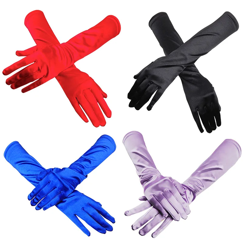 1pair Bride Wedding Gloves Solid Color Satin Long Finger Mittens For Events Party Wedding Prom Opera Women Purple Gloves