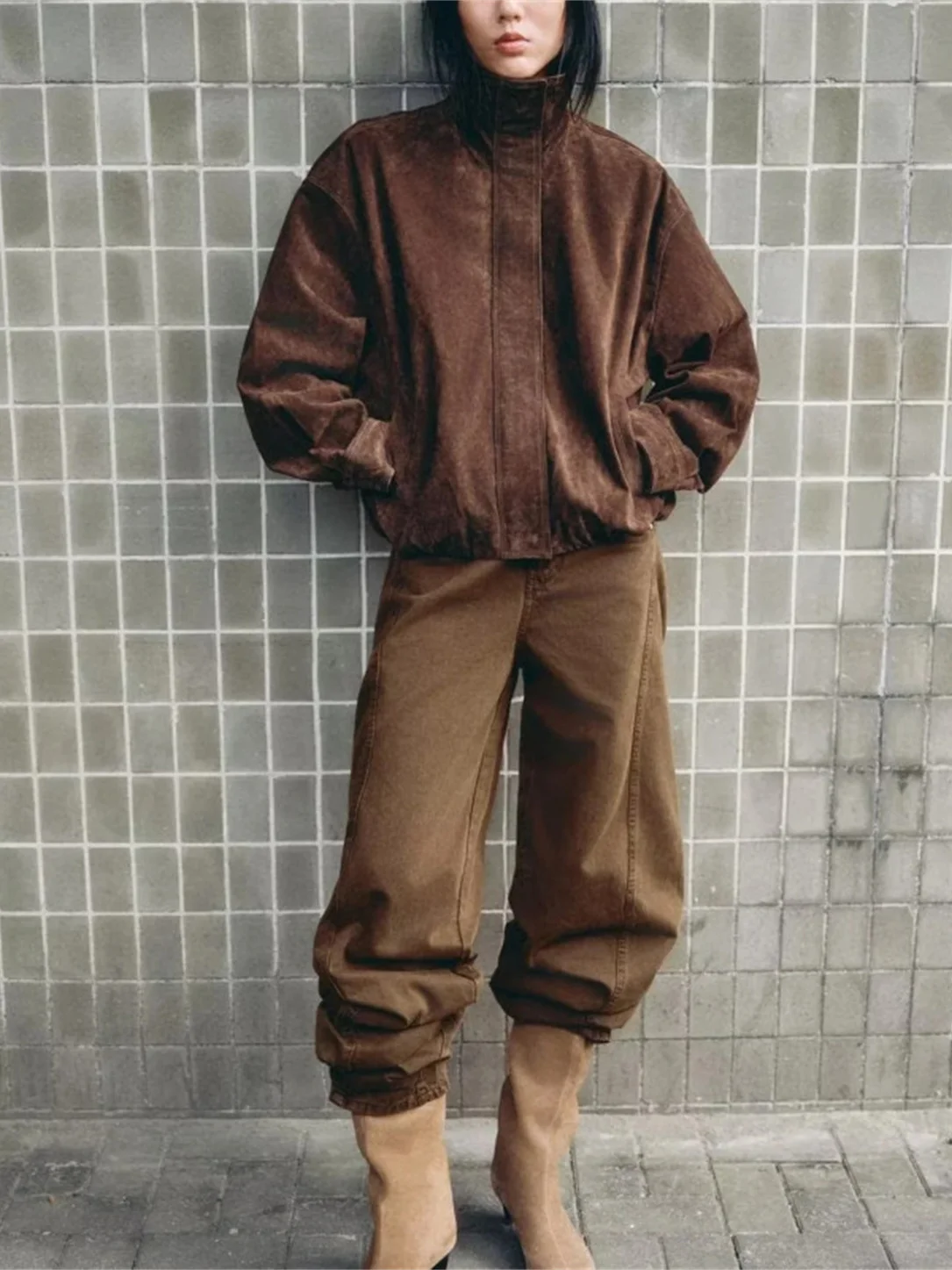 

Faionable, осеннее новое поступление, женская замшевая длинная куртка на молнии с воротником-стойкой, верхняя одежда Ele Slim Fit Sle