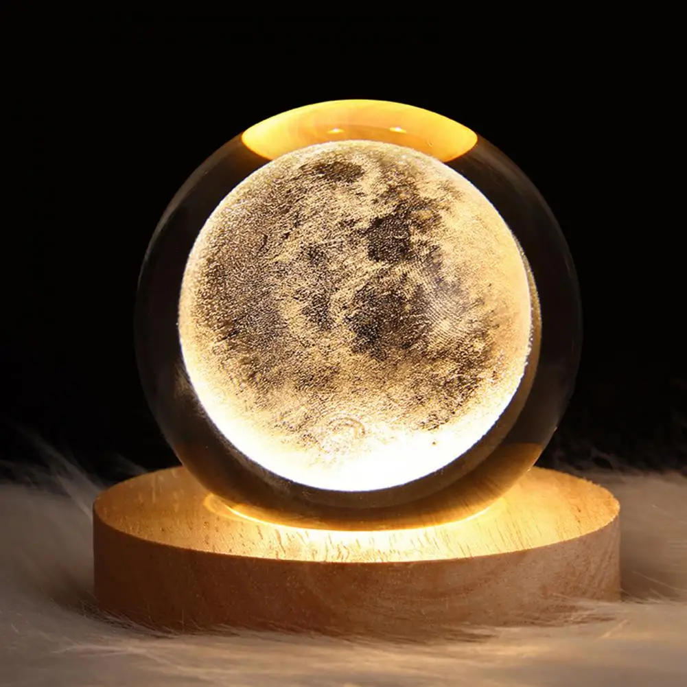 60mm Crystal Ball Night Light with Wooden Base 3D Engraved Milky Way System Lamp USB Plug-Play Bedside LED Lamp Home Decoration