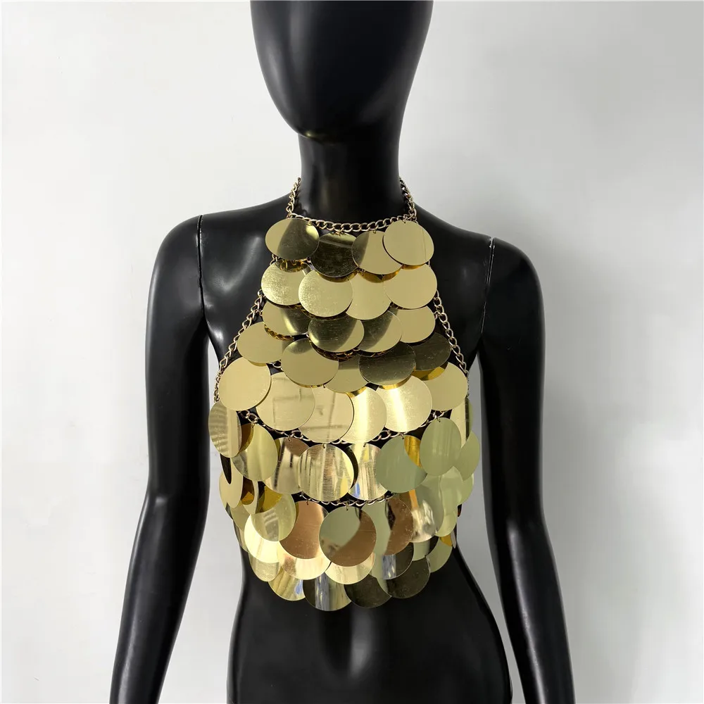 Damen Metall-Pailletten Rückenfreies Top Sexy Ausgeschnittenes Neckholder-Oberteil Handgefertigtes Träger-Top Rave Festival Party Tanktop Crop Top – Detail 4