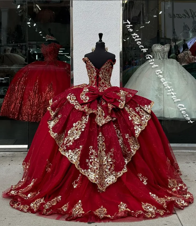 Luxurious Red Courtly Prom Dresses New Embroidered Small V Neck Princess Tutu Layered Bow Beaded 15 16 Quinceanera Dresses