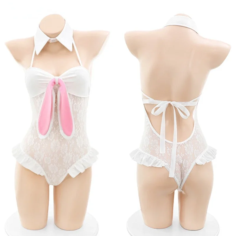 

Anime Cute Bunny Girl Uniform Cosplay Costume Lace Hollow Bodysuit Women Underwear Rabbit Role Play Lingerie See Through Outfits