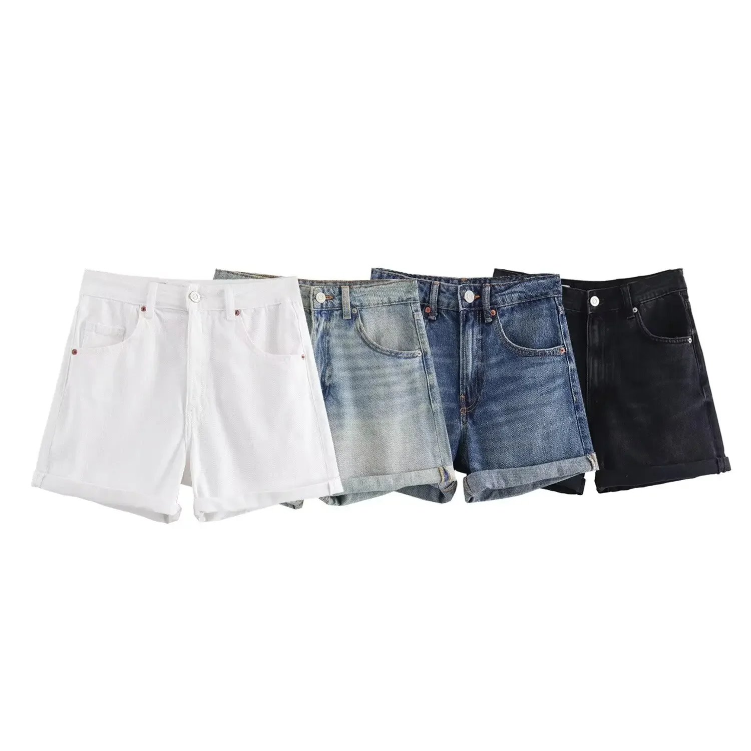 Calção jeans de cintura alta feminina flanging, calça retrô com zíper, moda casual, palhaço, versão solta, novo, 2024