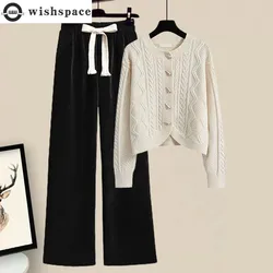 Autumn and Winter Women's Set New Korean Style Fashion Sweater Cardigan Temperament Casual Wide Leg Pants Two Piece Set