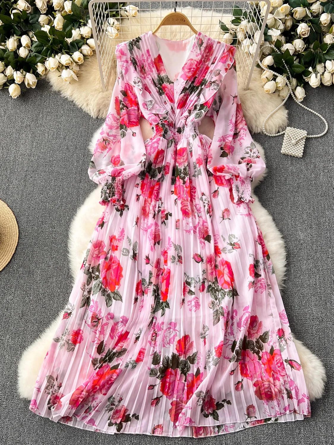 

Autumn Women Floral Chiffon Draped Long Dress Vintage V-Neck Lantern Sleeve High Waist A-Line Pleated Maxi Vestidos Elegant New