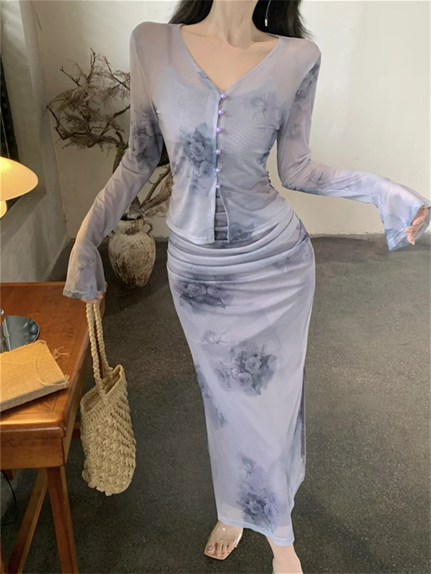 PLAMTEE Printed Gentle Women Summer Sets Slim Vintage Slip Dress 2023 OL Elegant Sexy Sunscreen Full Sleeve Thin Coats Suits