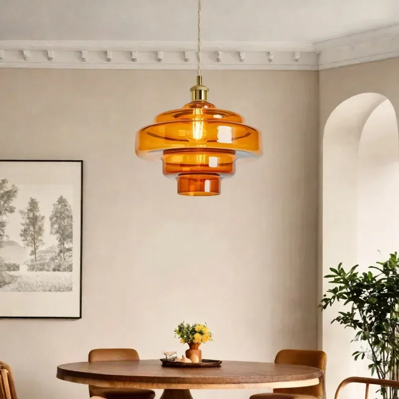 Modern Danish Style Multi Layer Glass Chandelier E26 Copper Base Pendant Light for Dining Room Island Bedroom Bedside Corner