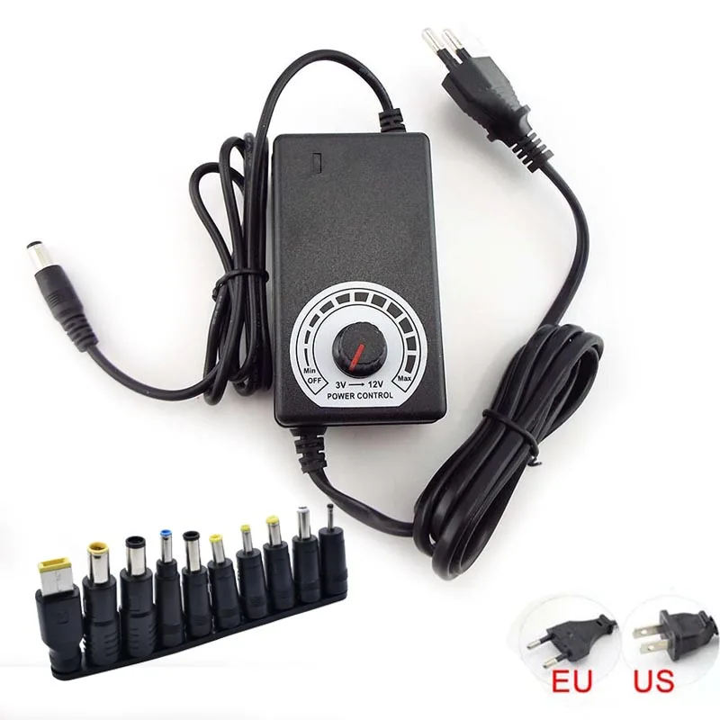 

AC 100V-240V to DC 3-12V Adjustable Power Supply Adapter Universal Charger 5.5mmx2.1mm To Multi-type Male Jack Tips