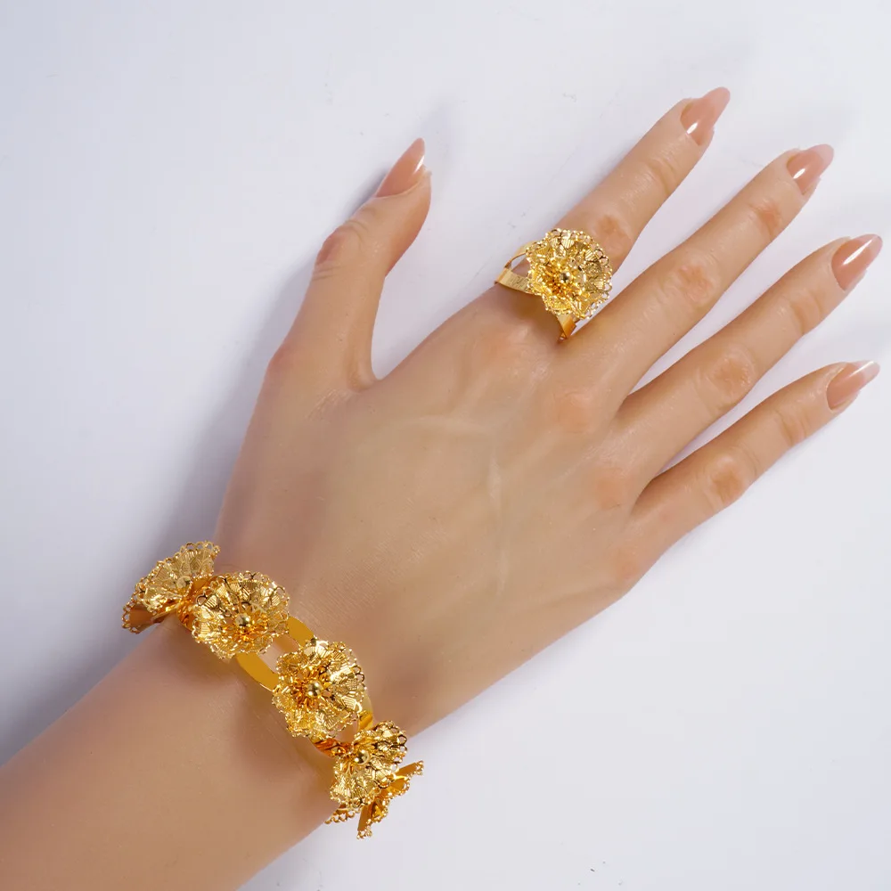Women flower open bangle ring set of AU999 24K pure gold, smooth polished flower edges, adjustable bangle and multi-size rings