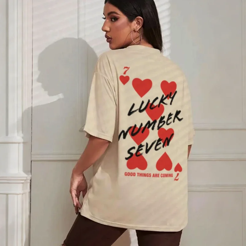 

Lucky Number Seven Back Print Women T-shirt Retro Cotton Y2k T Shirt Cute Aesthetic Graphic Tee Lucky You Trendy Top Oversized