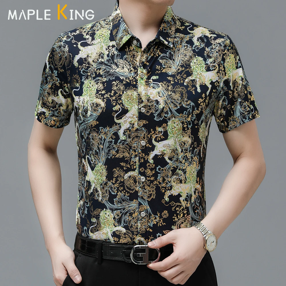 

Mens Floral Shirts Gold Bronzing Printed Chemise Homme De Luxe 2023 Summer Vintage Social Business Dress Shirts Men Blouses Tops