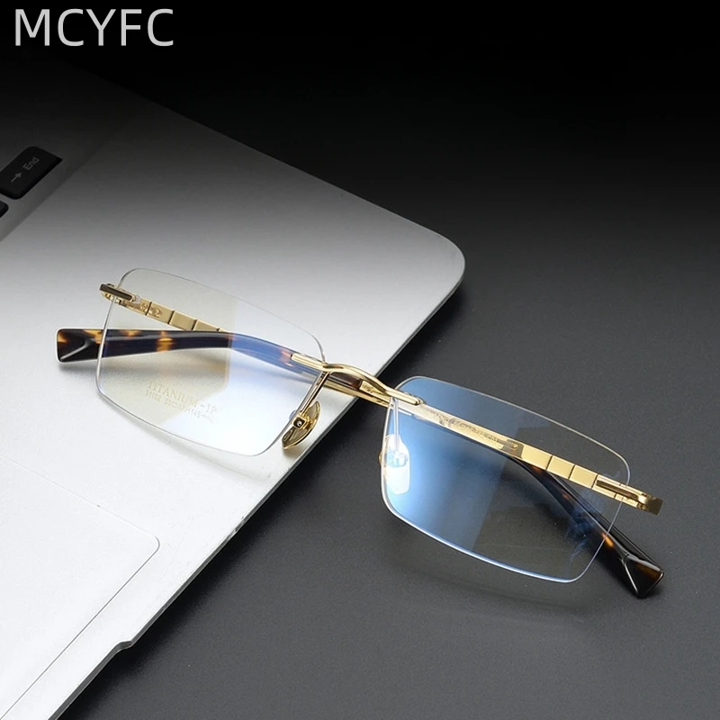 MCYFC Business Rimless Glasses Frame Ultra Light Titanium Square Eyeglasses Can Match Myopia and Farsightedness Eyewear Frames