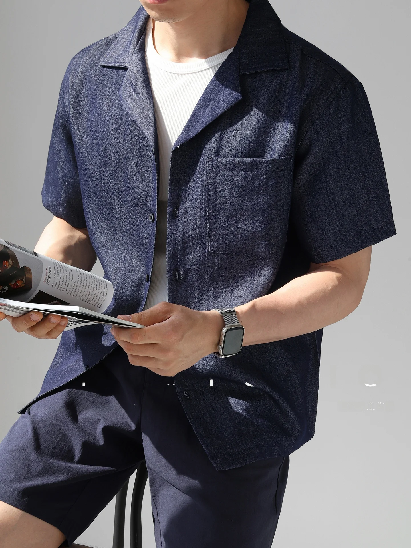 American Plaid Texture Cuban Collar Short Sleeve Fake Denim Casual Loose Thin Breathable Cool Feeling Shirt for Men Summer