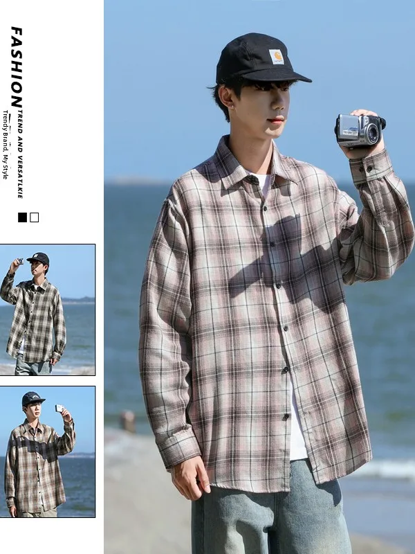 

Мужская свободная куртка-рубашка в клетку из полиэстера, повседневная верхняя одежда для пар, весна-осень, большие размеры, модная