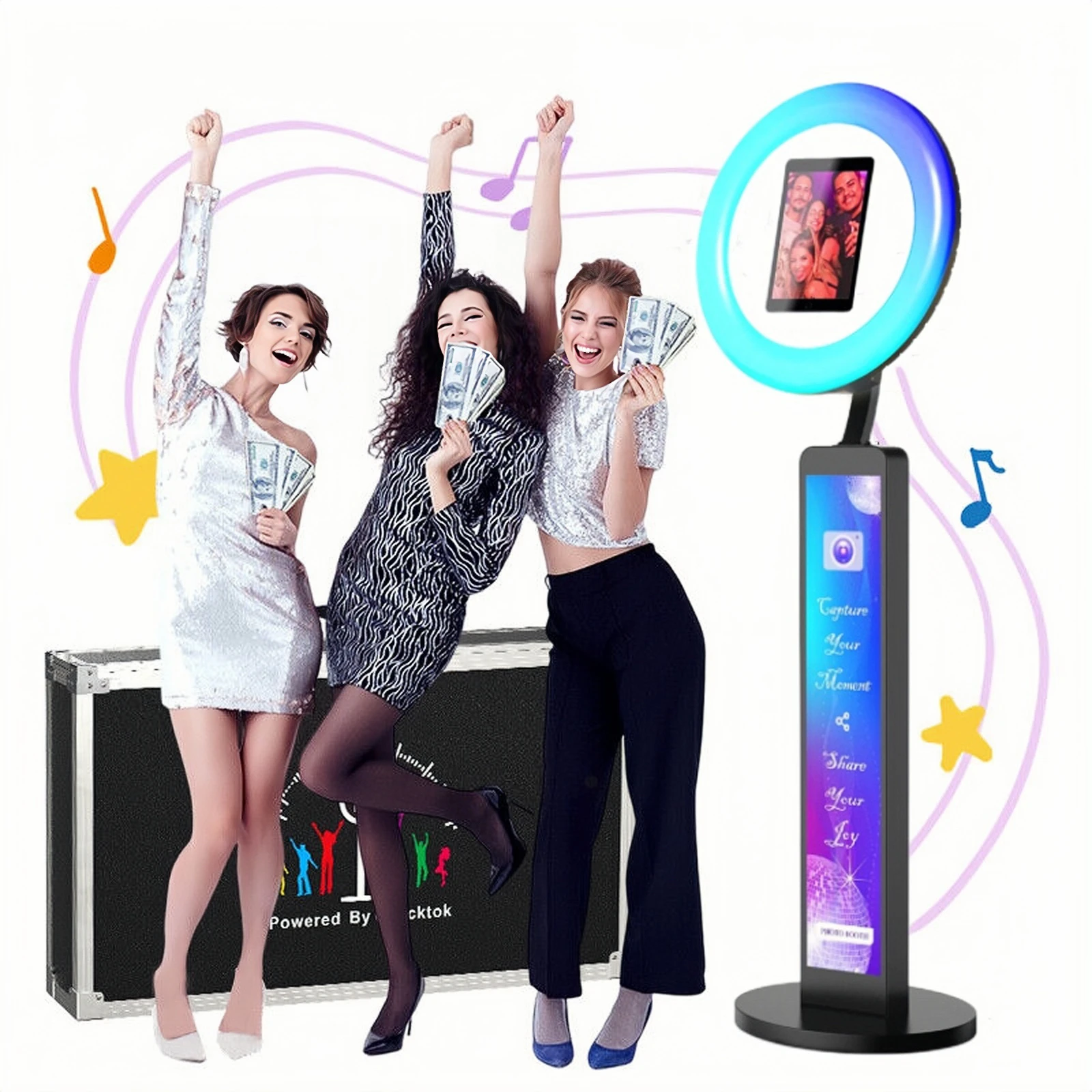 

Adjustable Stand Customized LOGO Selfie Photobooth Machine Shell iPad Photo Booth With LED Ring Light For Wedding Partys Events